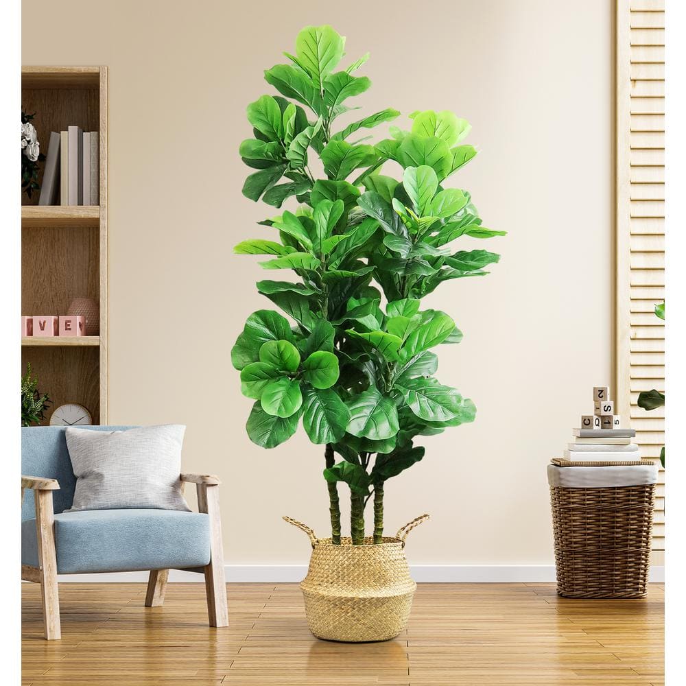 HOMLUX 72 in. Tropical Faux Artificial Fiddle Fig Tree Plants with 131 leaves ， Woven Seagrass Basket， Black Pot F6BD004A29