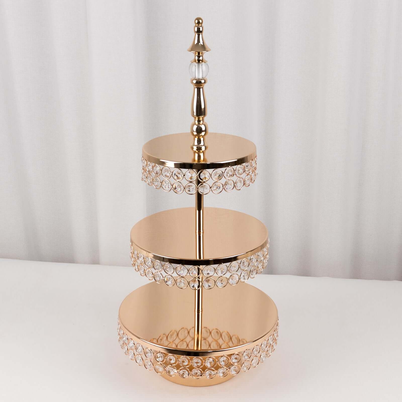 3-Tier Crystal Beaded Gold Metal Cake Stand, Cupcake Tower Dessert Display Stand with Round Mirror Top - 26