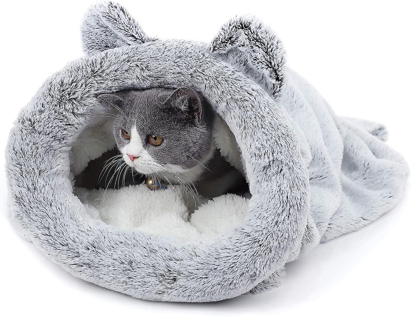 Miman  Cat Sleeping Bag Fleece Soft Self Warming Washable Cat Beds Snuggle Sack Blanket Mat Kitty Sack Suitable For Cat And Puppy Silver Grey 60 * 58c