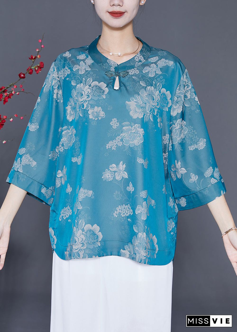 Stylish Blue Oversized Print Silk Shirt Top Bracelet Sleeve