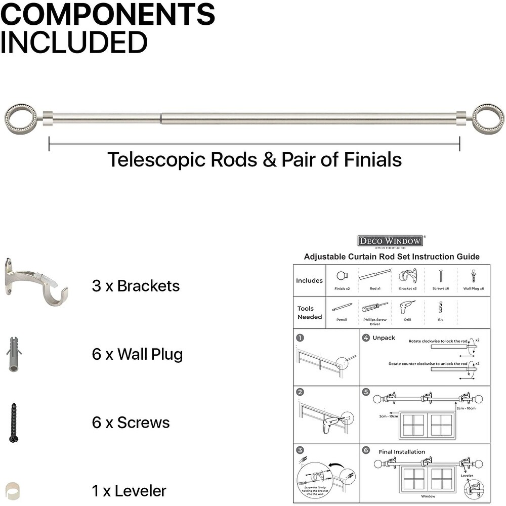 Deco Window 1 Inch Adjustable Nickel Curtain Rod for Windows   Doors Curtains with Round Finials   Brackets Set