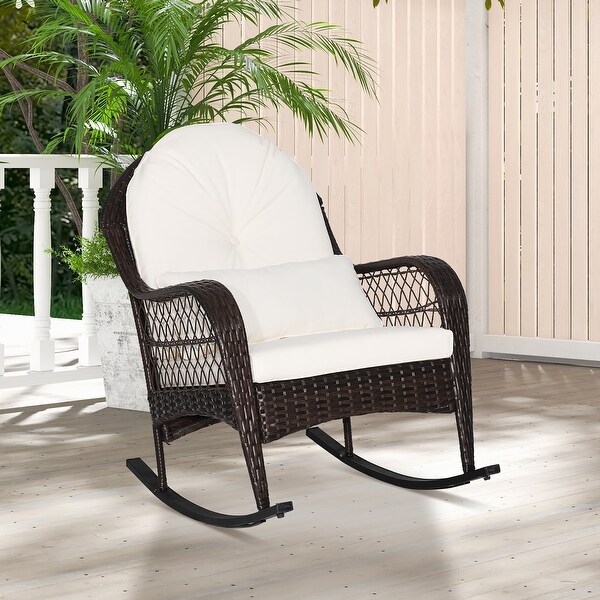 Costway Patio Wicker Rocking Chair W/Seat Back Cushions and Lumbar