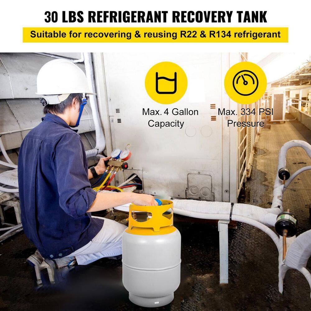 VEVOR Refrigerant Recovery Tank 30 lbs. Capacity Refrigerant Recycling Machine Double Y-Valve Collar LiquidVapor 14 SAE LMHSJ30LBZLJG0001V0