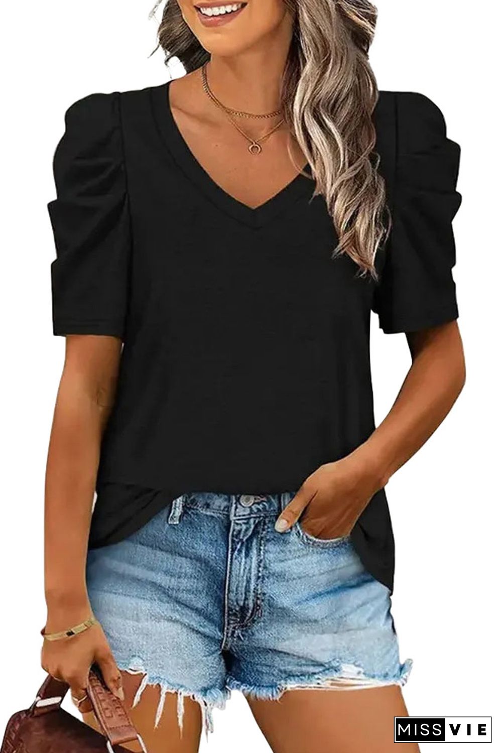 Black Puff Sleeve V-Neck T-Shirt