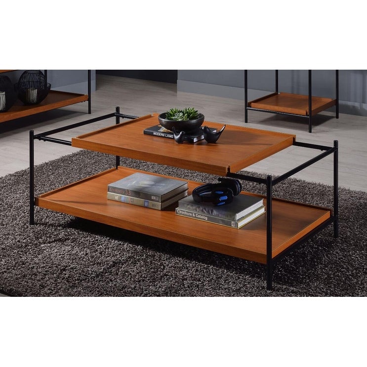 Rectangular Coffee Table with Open Compartment Wooden Top， Center Table with Shiny Black Finish Metal Frame for Living Room