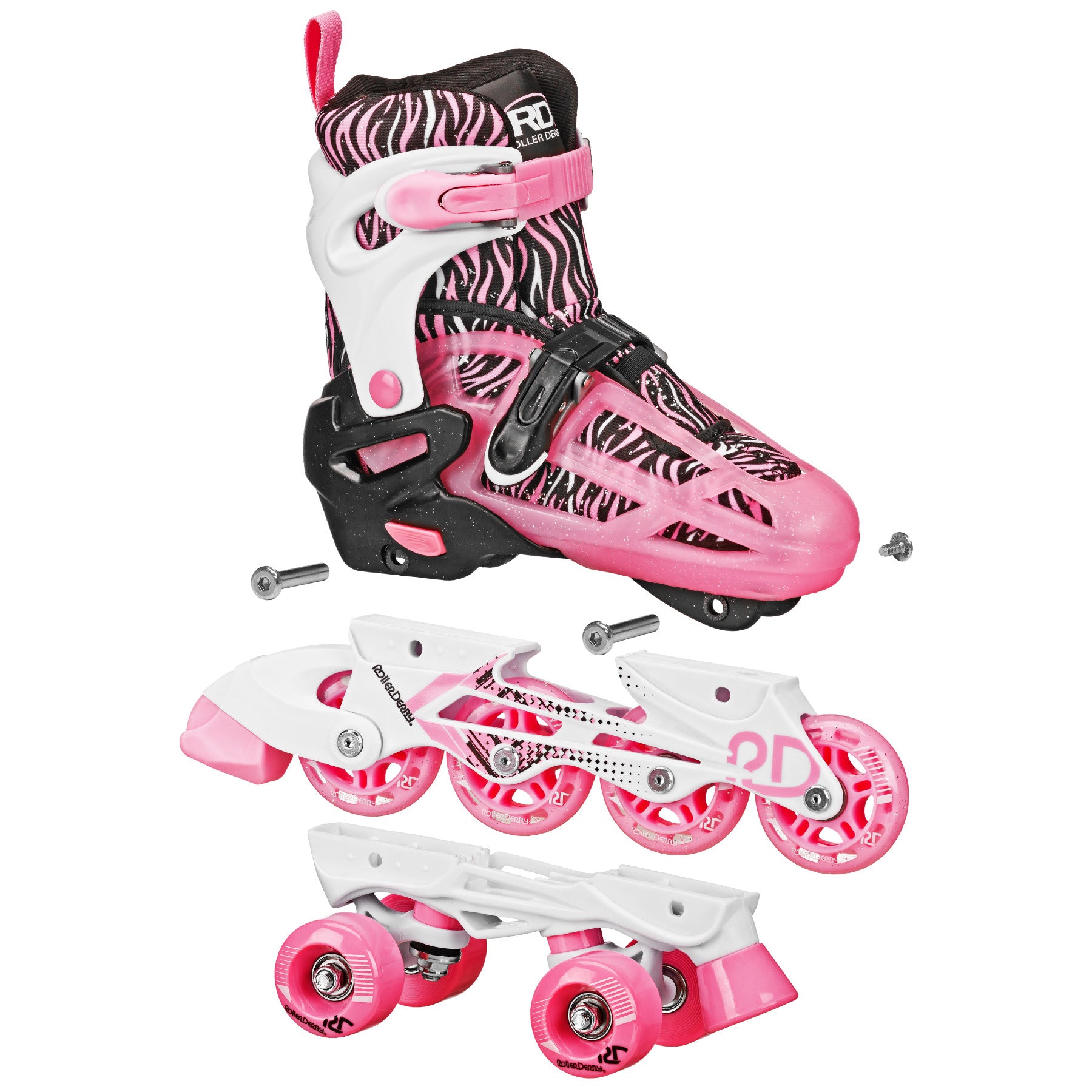 Roller Derby 2n1 Adjustable Roller/Inline Skates Pink Zebra, Medium (3-6)