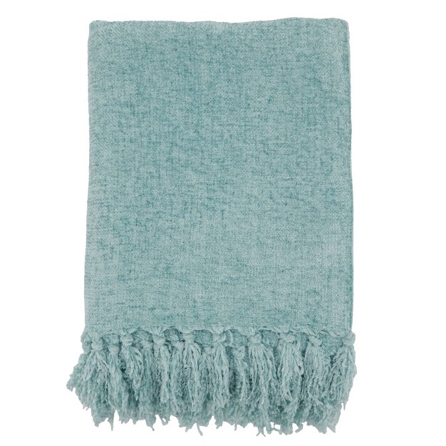 Chenille Throw Blanket With Fringed Edges Aqua Saro Lifestyle