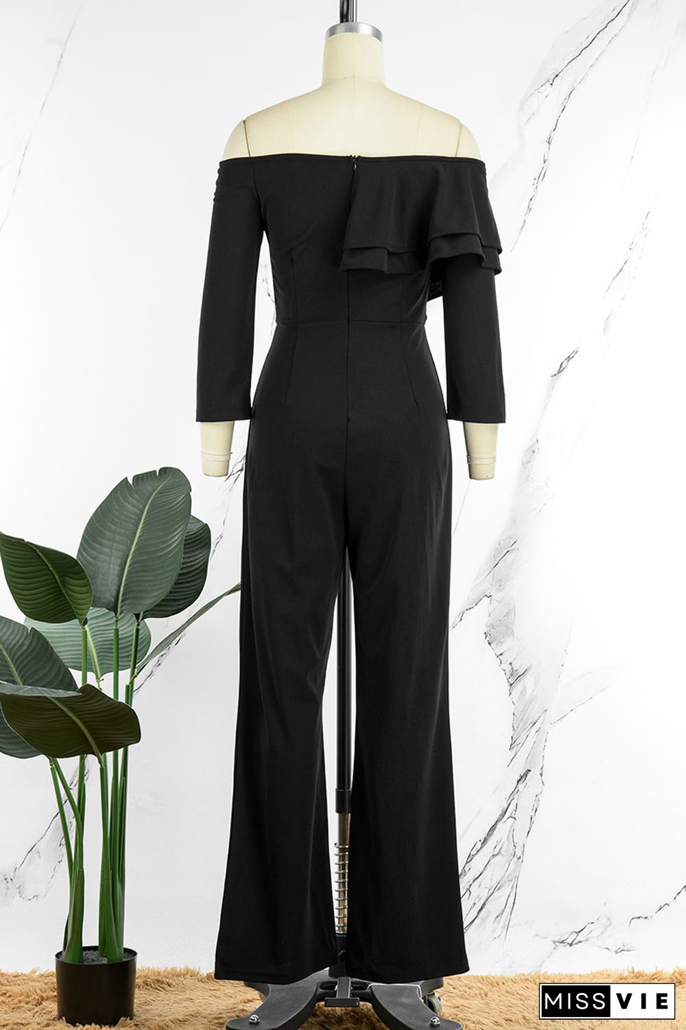 Black Casual Solid Patchwork Flounce Off the Shoulder Straight Jumpsuits