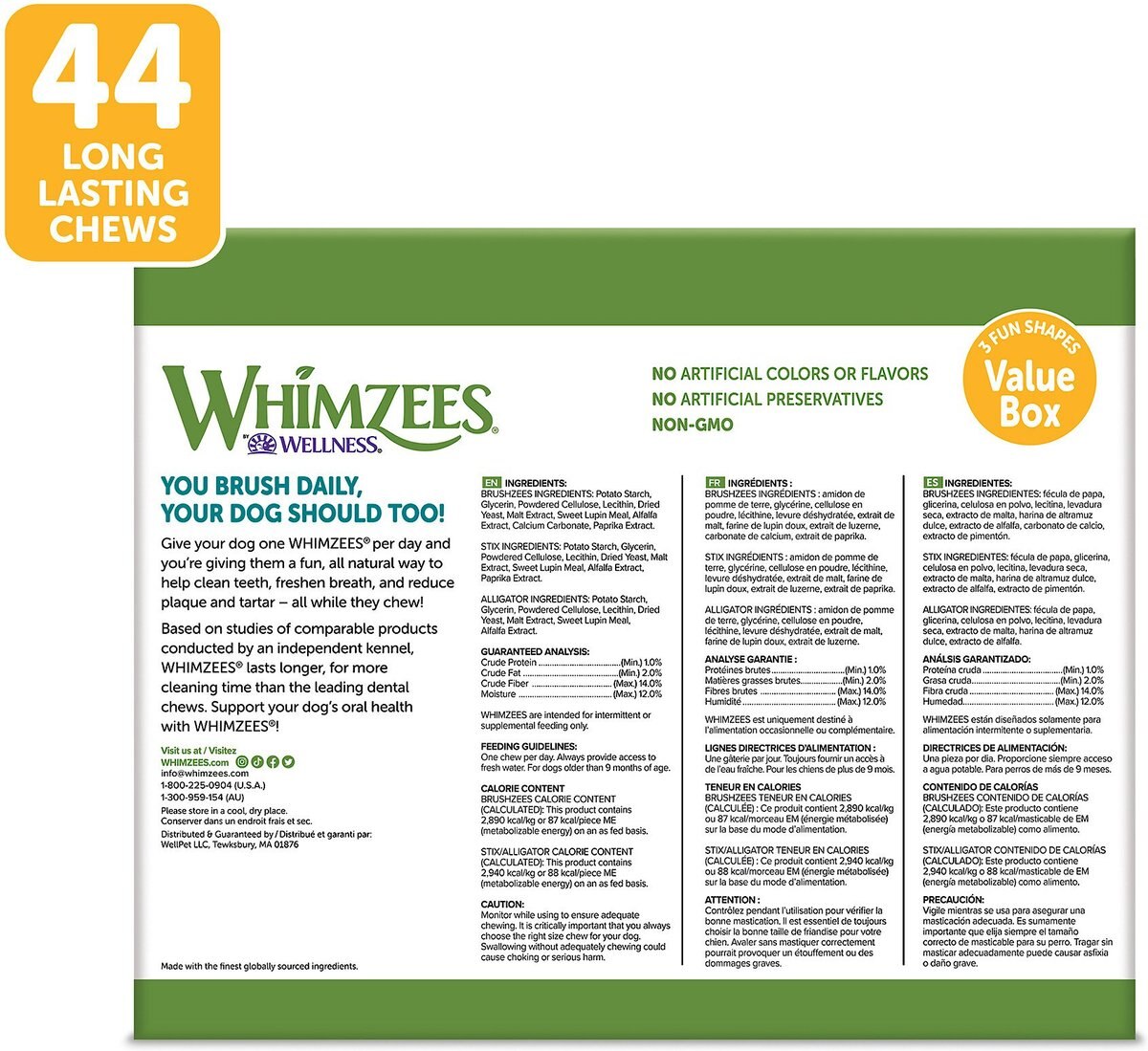 WHIMZEES Natural Dental Chews Medium Breed Value Box Dog Treats， 44 count