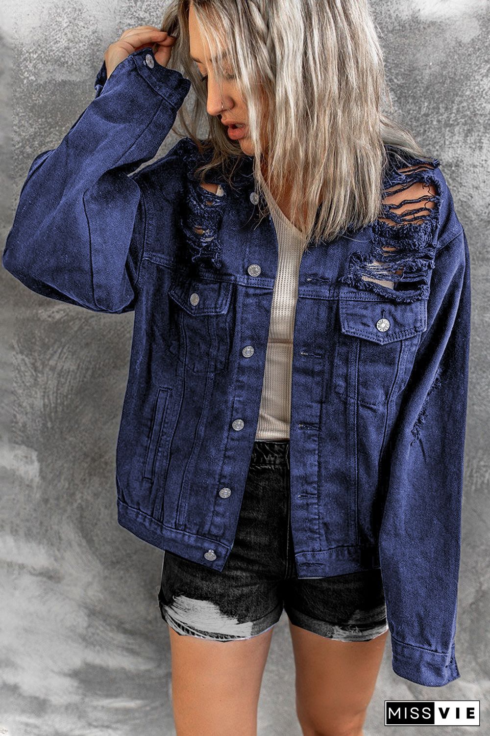 Blue Distressed Buttons Chest Pockets Denim Jacket