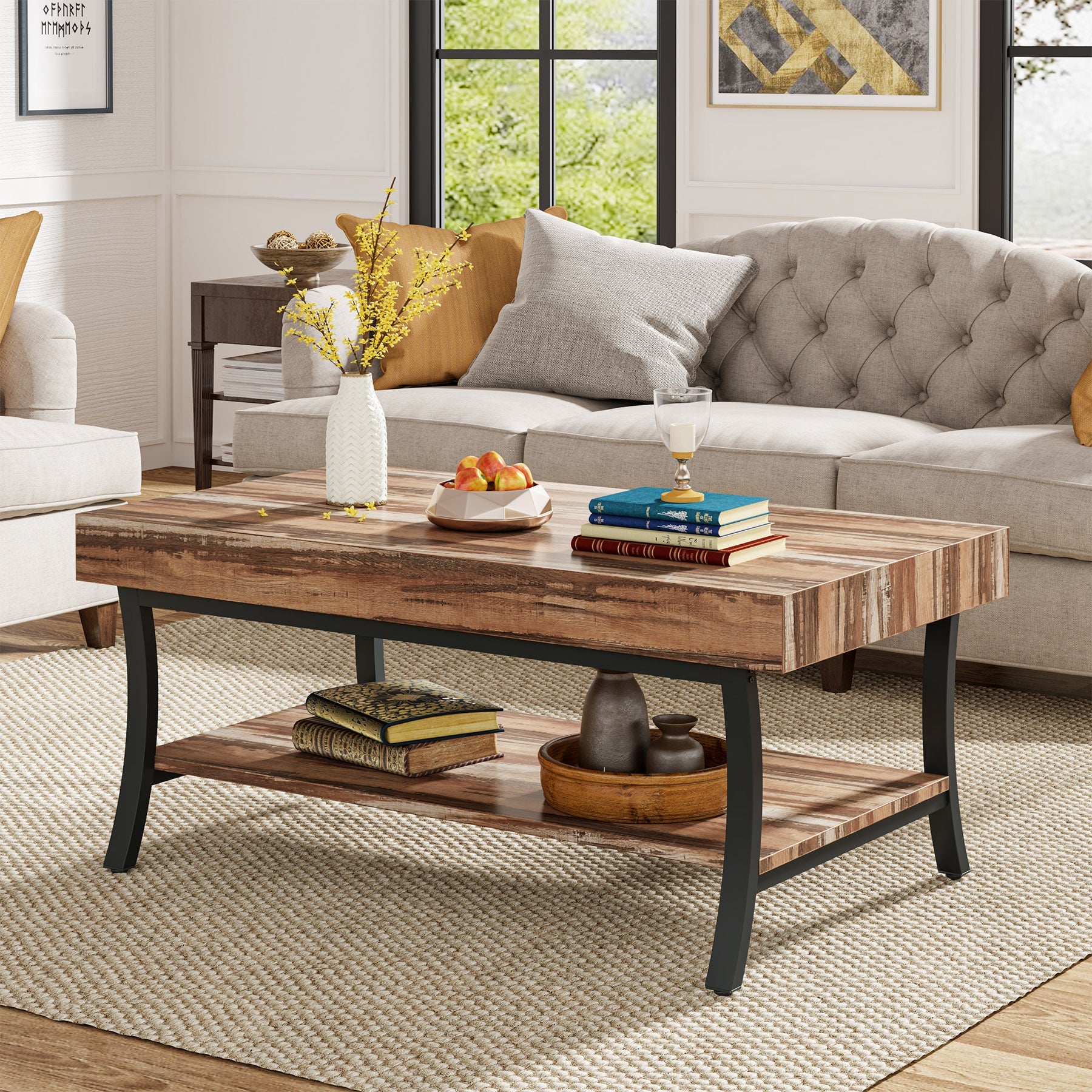 2-Tier Coffee Table,Wood Industrial Center Table with Storage Shelf