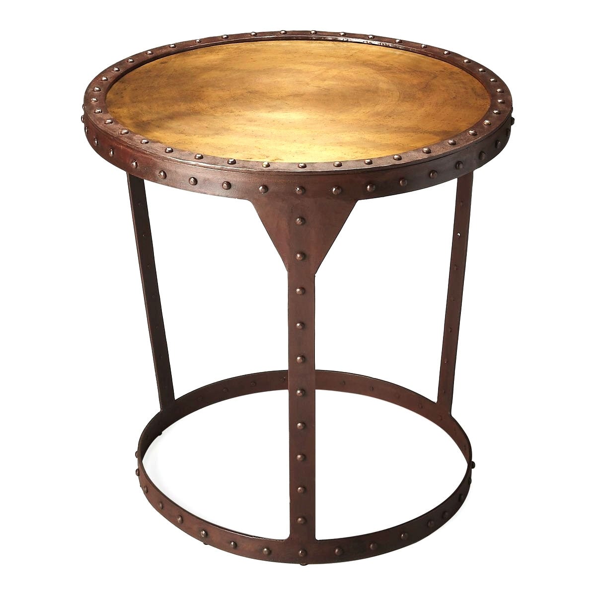 Transitional Iron Round Side Table with Studded Legs and Trim - Bronze