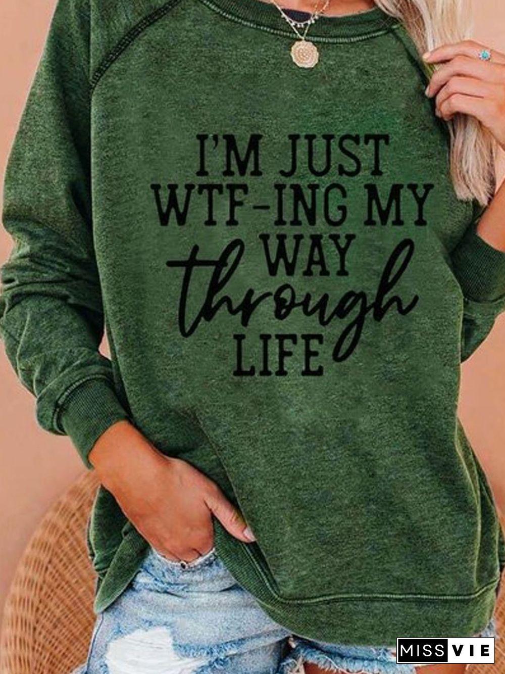 Women Green Casual Letter Sweatshirts