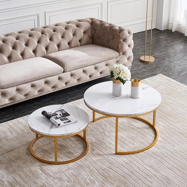 Modern Nesting Coffee Table Set of 2， Round Marble Coffee Table MDF Faux Marble Wood - as picture