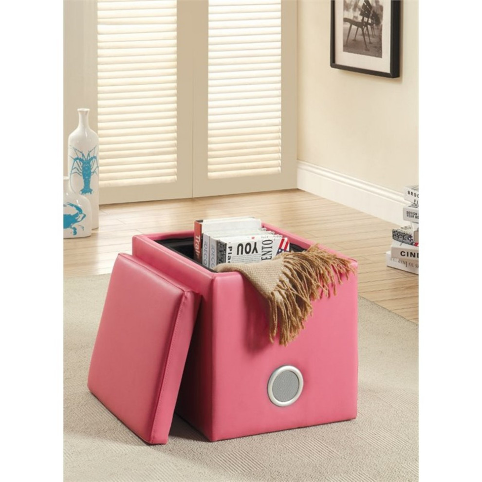 Bowery Hill Faux Leather Square Speaker Ottoman in Pink Finish   Contemporary   Footstools And Ottomans   by Homesquare  Houzz