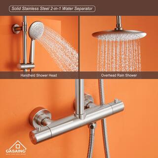 CASAINC 5-Spray Patterns 9.5 in. Thermostatic Rain Shower Faucet Wall Mount Dual Shower Heads in Spot Resist Brushed Nickel HM-T101-RO-BN