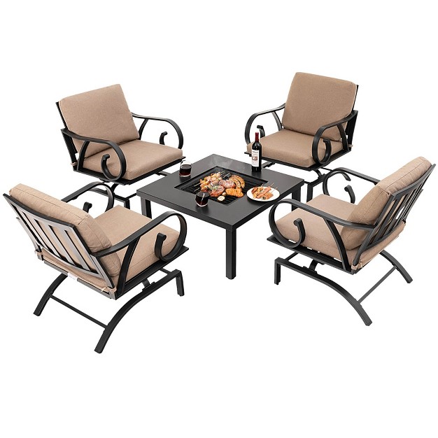 Tangkula 5pcs Cushioned Patio Dining Set Heavy duty Rocking Chairs With 4 in 1 Fire Pit Table