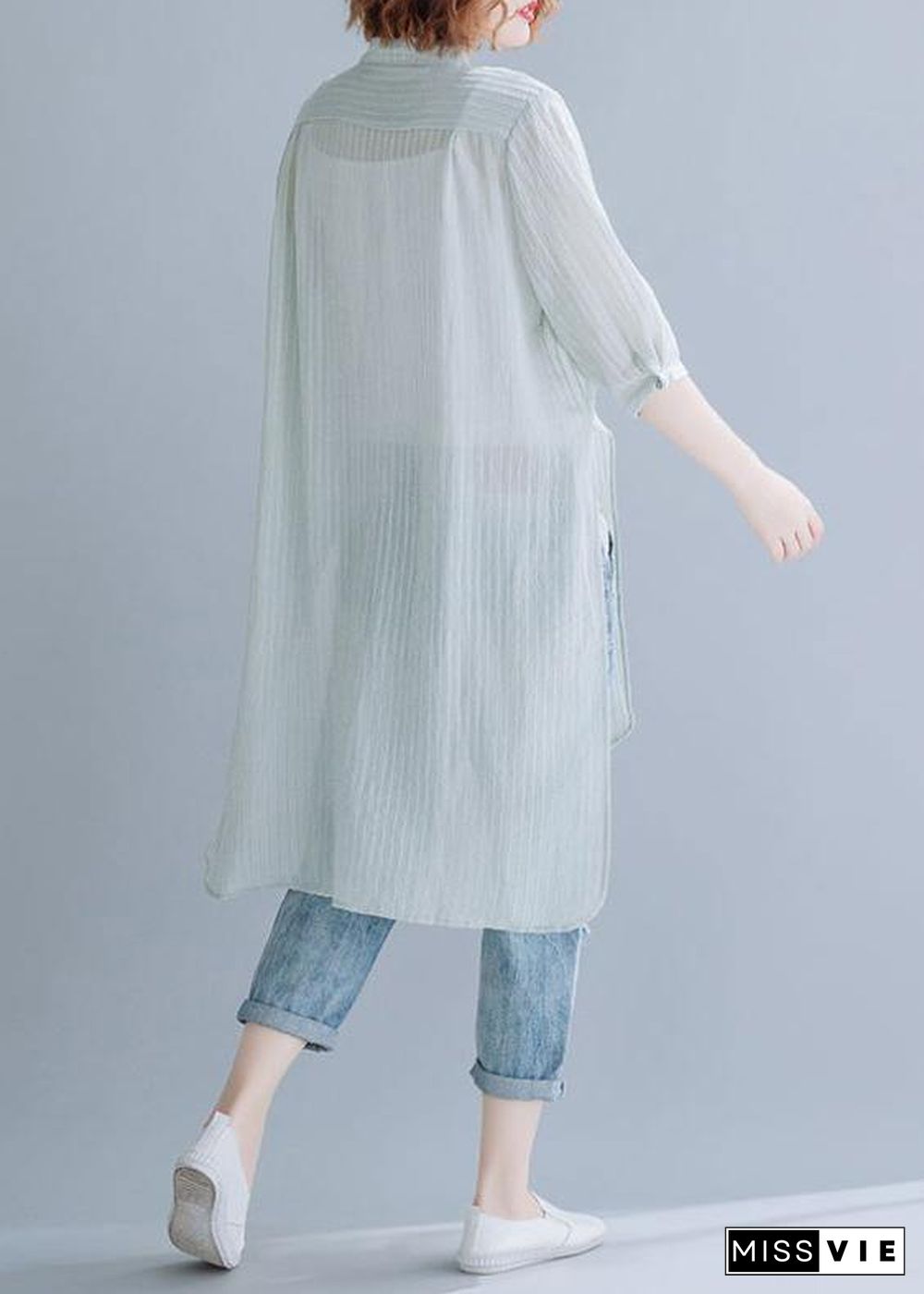 Beautiful light green cotton clothes For Women stand collar oversized shirt