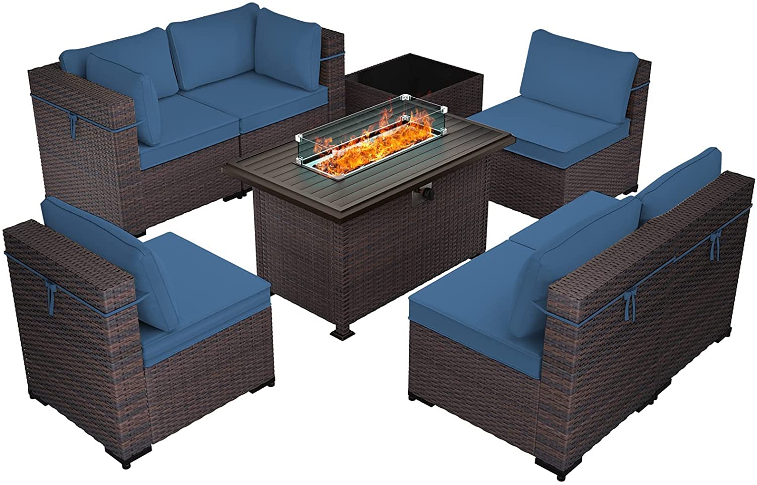 Gotland 8 Piece Outdoor Patio Furniture Set with 43“ Gas Fire Pit Table Patio Furniture Sectional Sofa Set (Navy Blue)