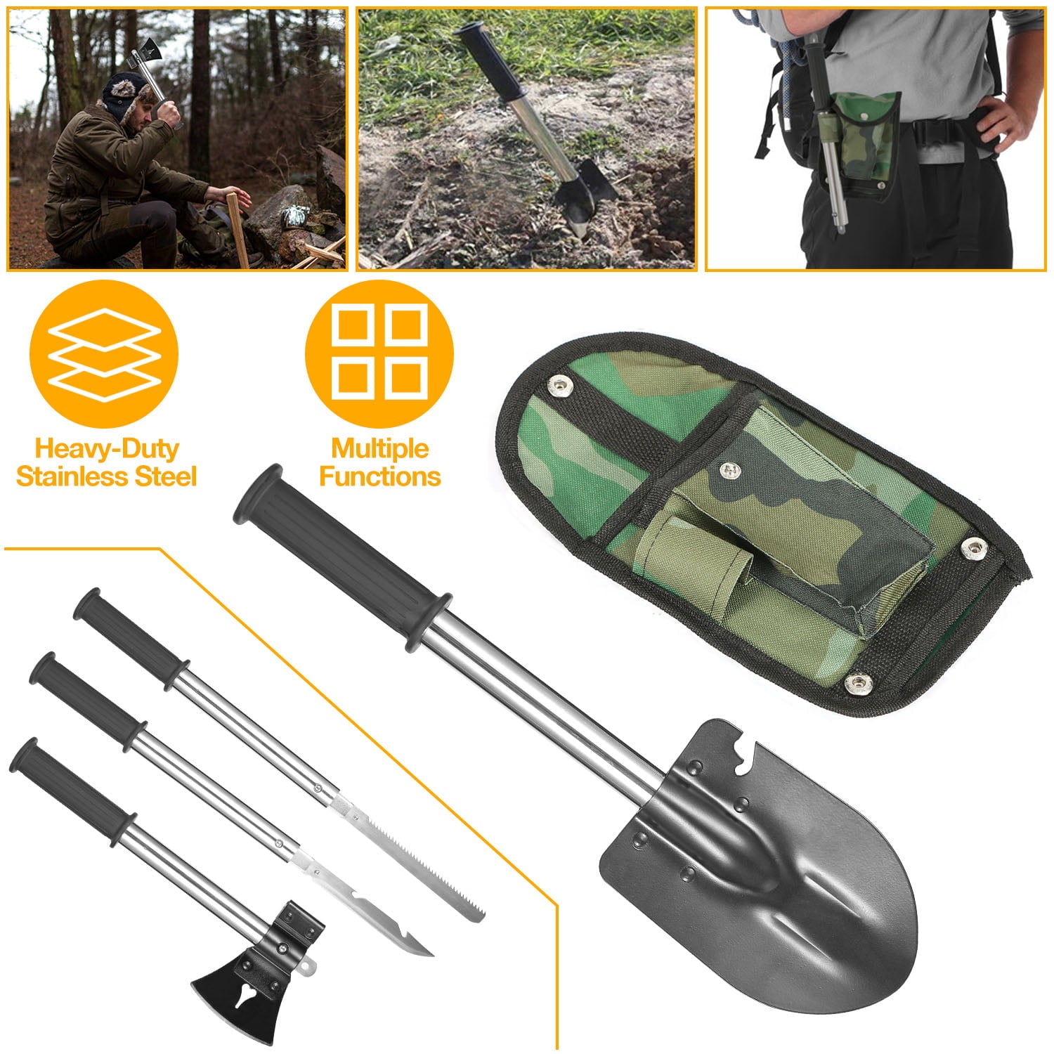 iMountek 6PCS Survival Camping Hiking Steel Multi-Tool Knife Shovel Axe Saw Gear kit