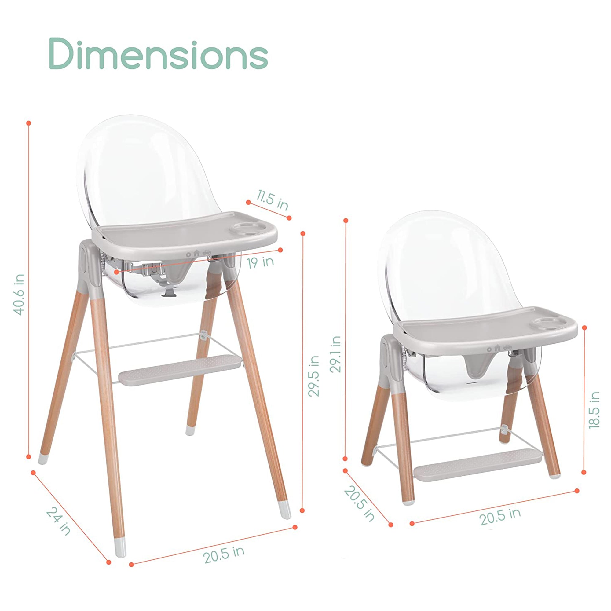 Children of Design 6-in-1 Classic High Chair for Babies and Toddlers Non-Reclinable Wooden Booster Seat with Tray for 6 Months to 6 Years Old, Gray