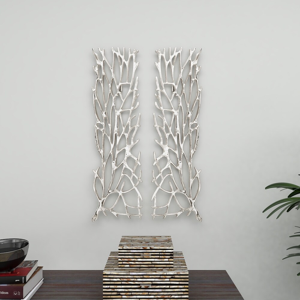 Contemporary Modern Metal Botanical Coral Wall Sculpture Silver or Gold   Set of 2