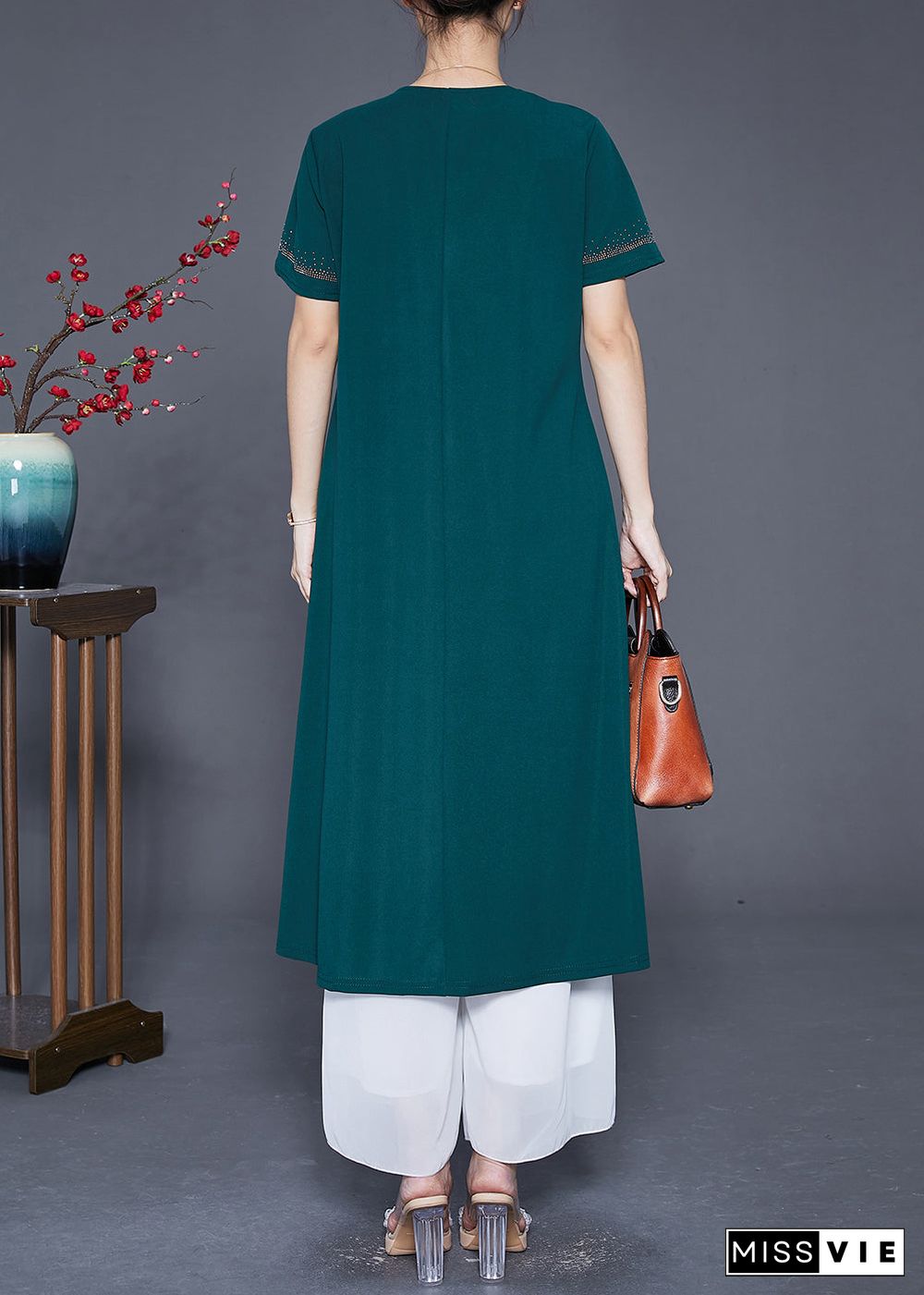 Fashion Blackish Green Embroideried Zircon Chiffon Maxi Dresses Summer