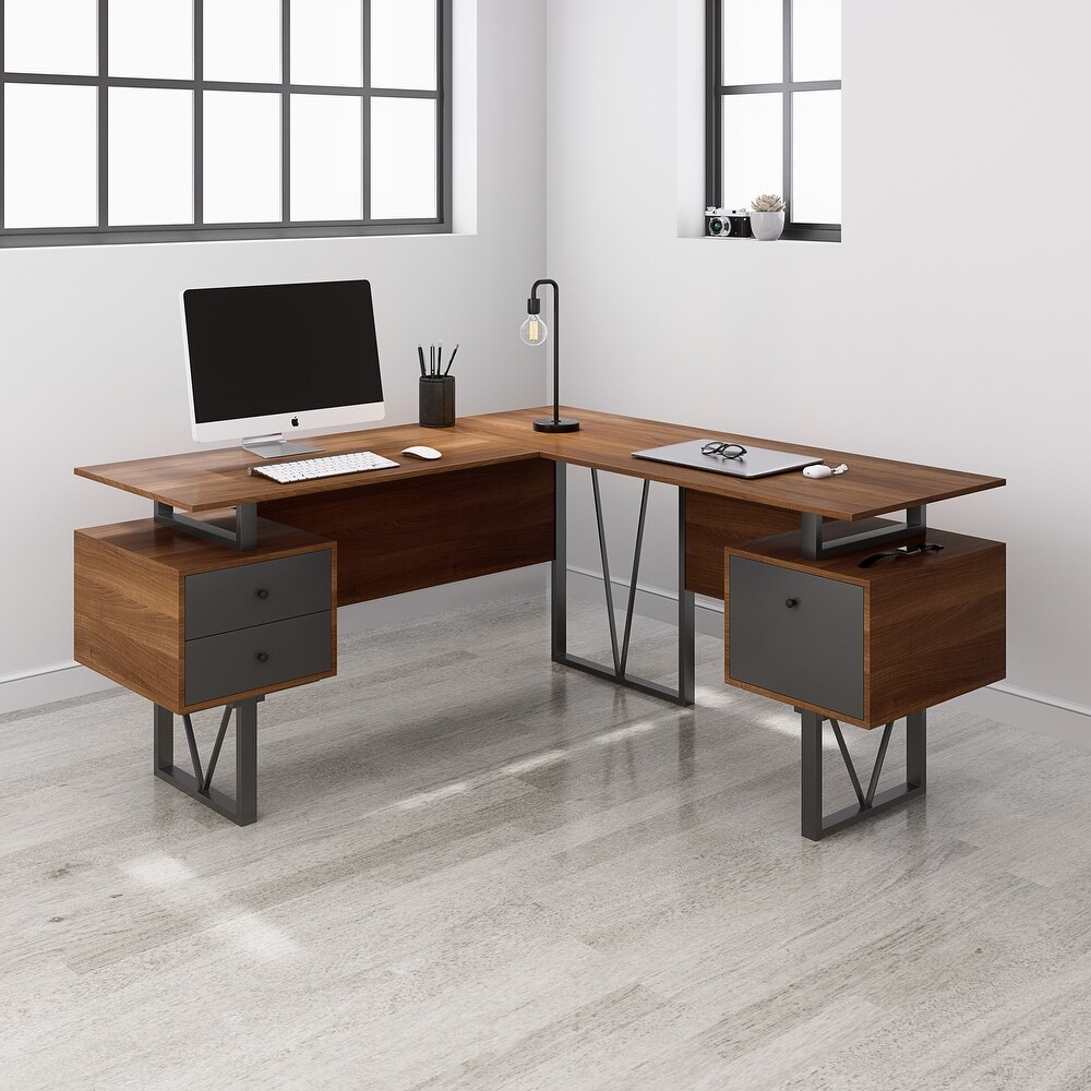 Reversible L Shape Computer Drawers and File Cabinet Home Office Desk  59 x 57.75 x 30  Brown  Grey