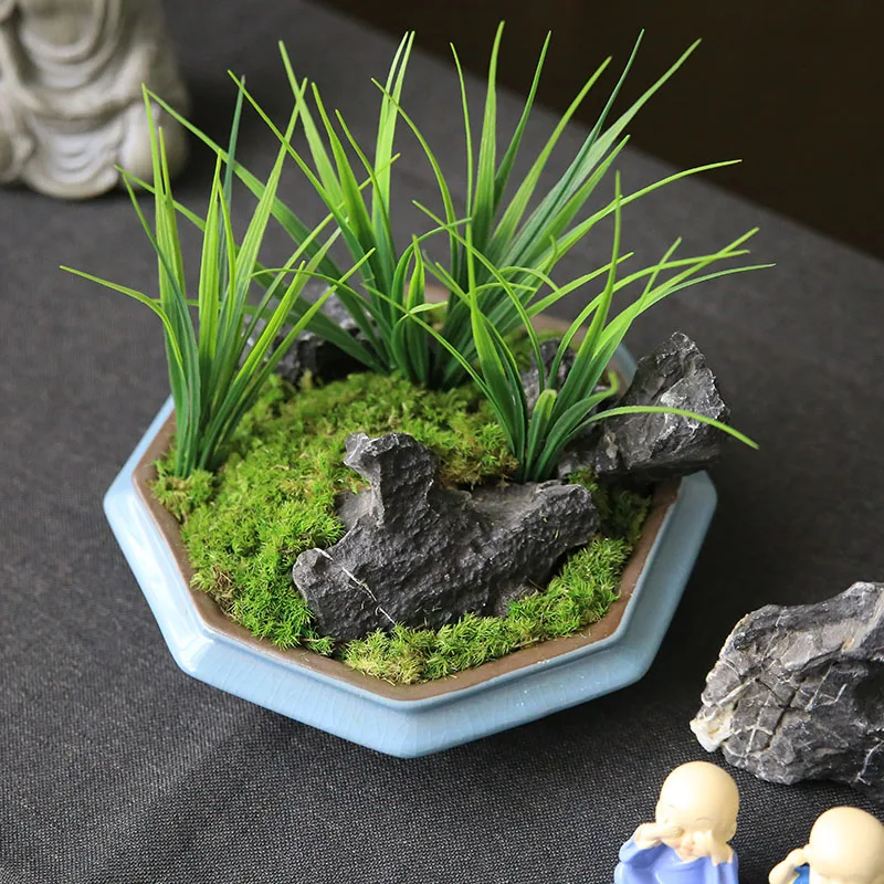 Platter thin head grass small pieces Qinglong stone moss light green artificial plant pot