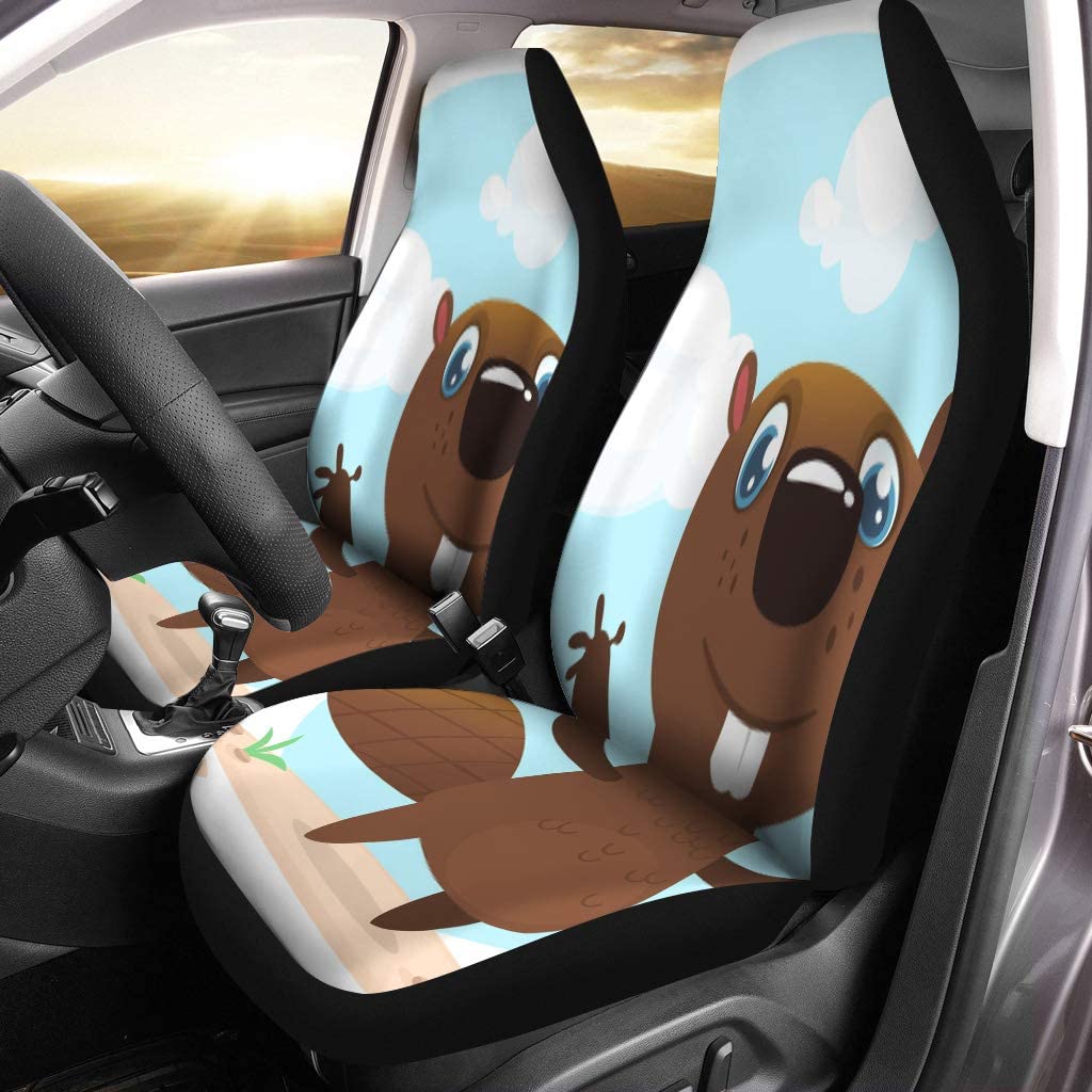 KXMDXA Set of 2 Car Seat Covers Cute Funny Cartoon Beaver Waving His Hands Fluffy Character Universal Auto Front Seats Protector Fits for Car，SUV Sedan，Truck