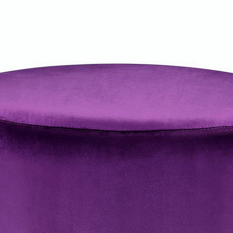 Fabric Upholstered Round Ottoman with Fringes and Metal Base， Purple