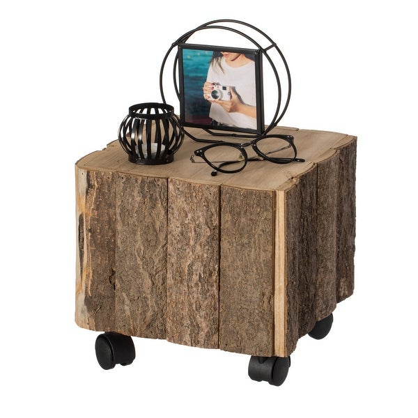 Accent Decorative Natural Wooden Square Stump Stool， with Wheels