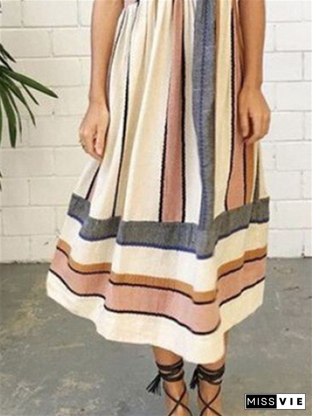 Summer Printed Sleeveless Art Stripe Jumpsuit Long Skirt