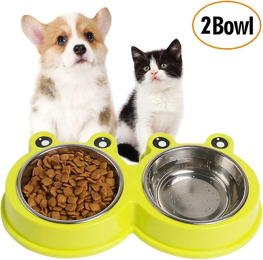 Double Cat Bowl Stainless Steel Dog Bowl，durable Pet Bowls With No-slip Design Resistant Silicone Mat-green