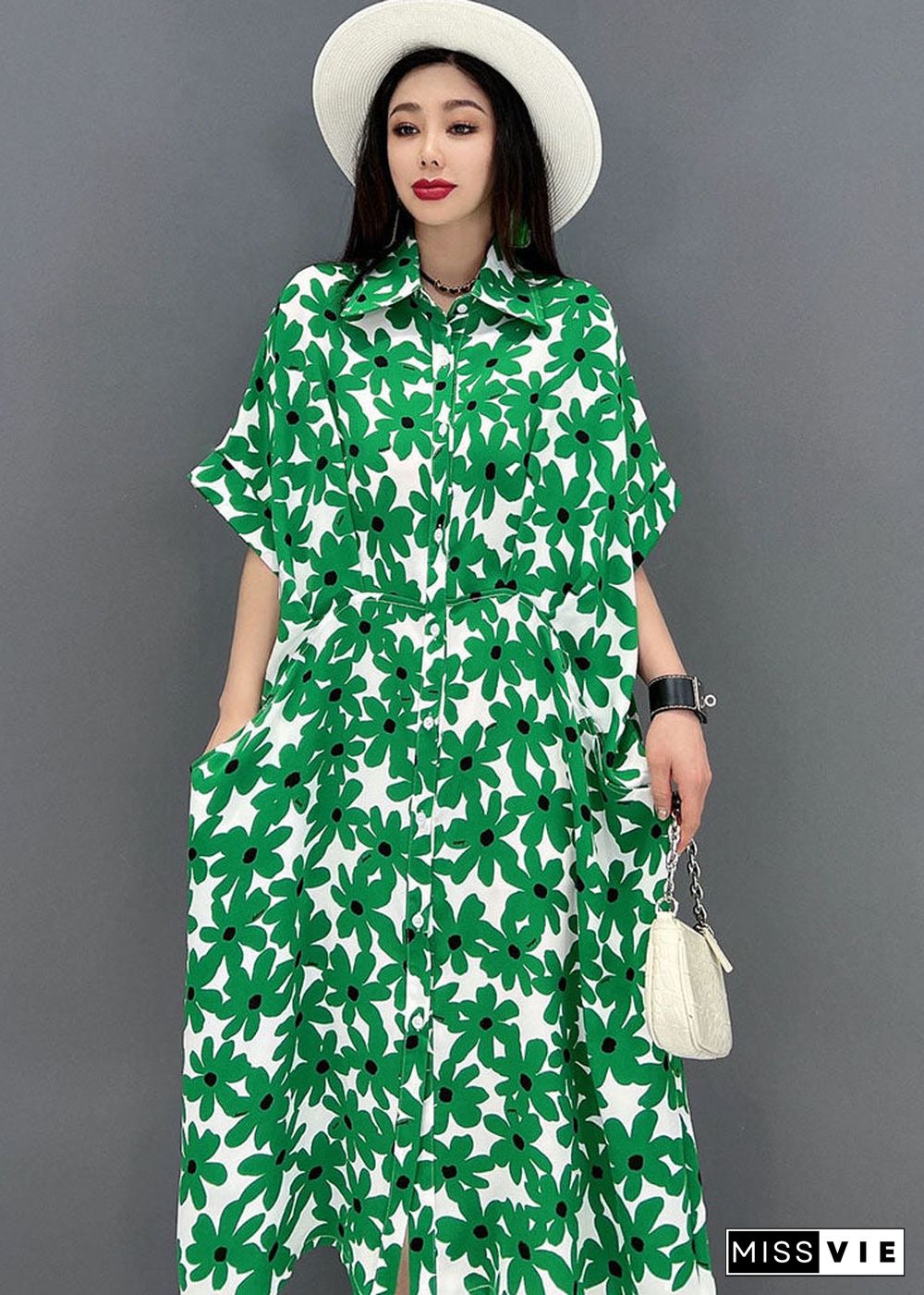 Beautiful Green Peter Pan Collar Print Shirt Dress Short Sleeve