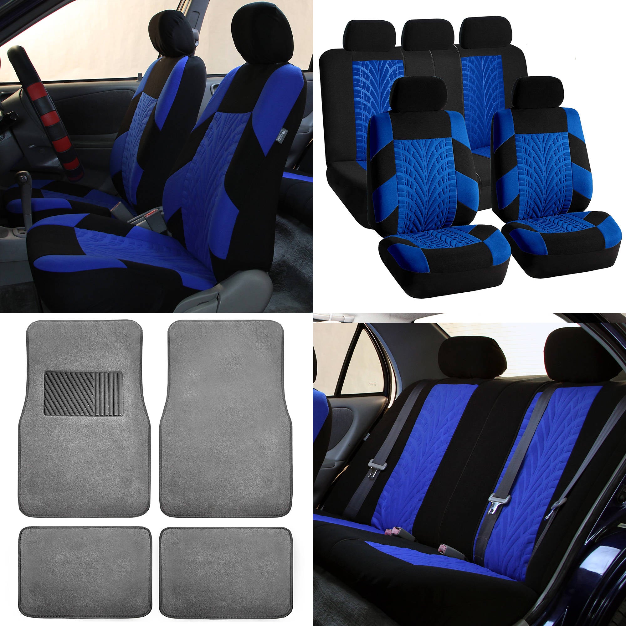 FH Group FH Travel Master Car Seat Covers for Auto Complete Seat Covers Set with Gray Premium Carpet Floor Mats Blue Black