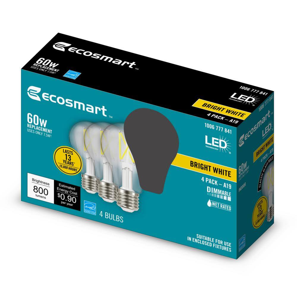 EcoSmart 60-Watt Equivalent A19 Dimmable Clear Glass Filament LED Light Bulb 3000K (4-Pack) 11CFA1960WESD02