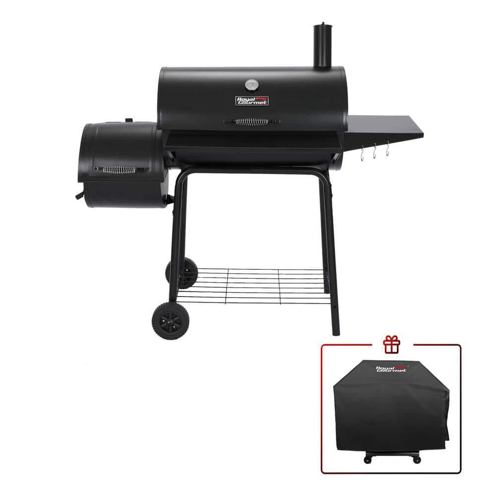 Royal Gourmet Charcoal Grill with Offset Smoker and Side Table in Black plus a Cover