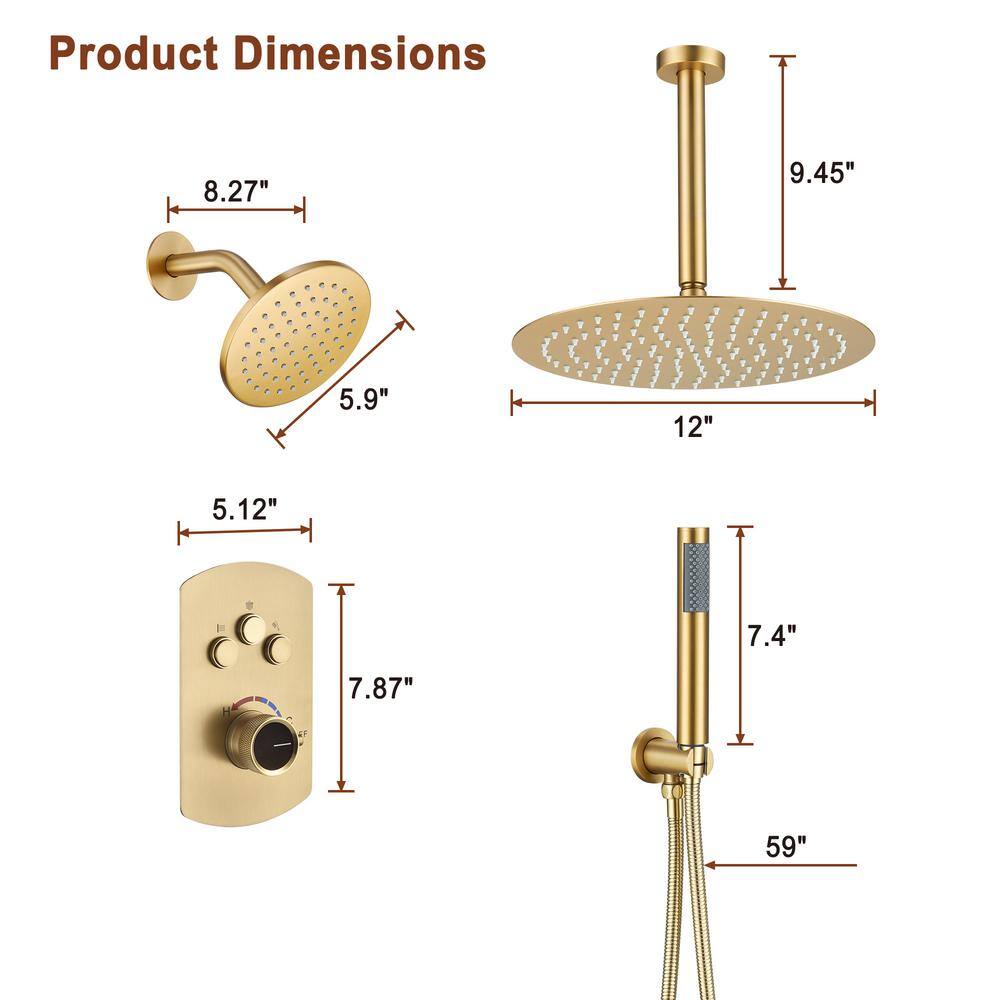 Mondawe Pressure Balanced 3-Spray Patterns 12 in. Ceiling Mounted Rainfall Dual Shower Heads with Handheld in Brushed Gold WF6853-12BG