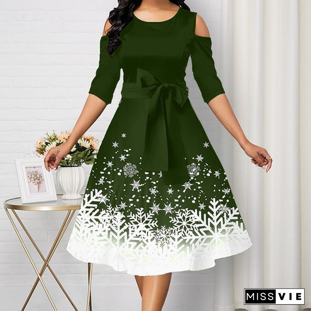 Women Fashion Belted Snowflake Print Christmas Dress Cold Shoulder Round Neck Party Dress Plus Size A-Line Dresses