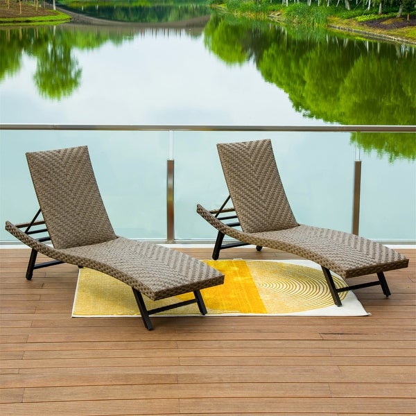 2-Piece Outdoor PE Rattan Chaise Lounge with Adjustable Backrest