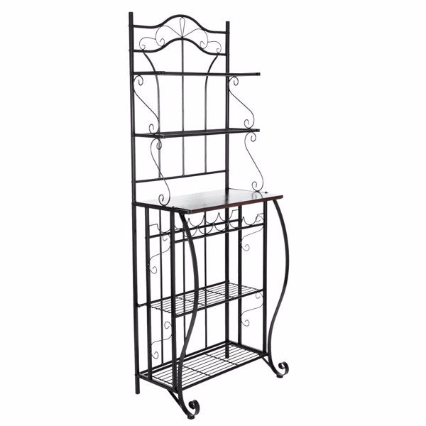 5-Tier Black Metal Cappuccino Finish Shelf Kitchen Bakers Rack Scroll Design with 5 Bottles Wine Storage