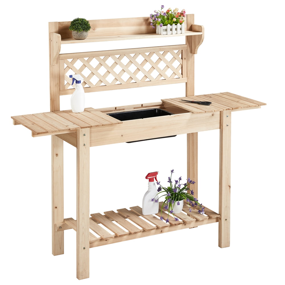 Yaheetech Garden Potting Bench Outdoor Planting Table Wooden Work Station Table w/ Sliding Tabletop Open Storage Shelf, Natural