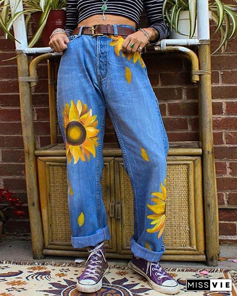 Women's Casual Print Washed Sun Flower Loose Jeans