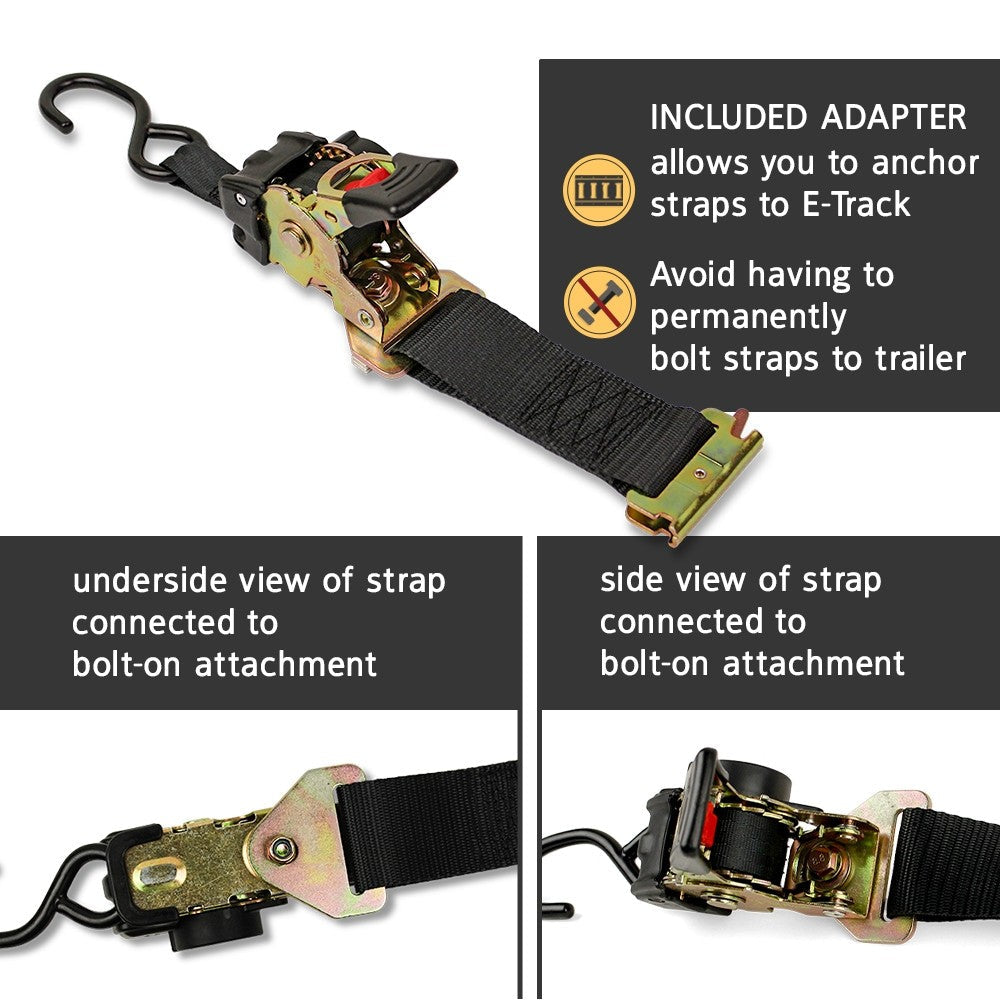 "DC Cargo Mall 2 Quick n Easy AutoRetract Strap Cargo Tie Downs - Retractable 1"" x 6' Bolt-on or E-Track Fitting Ratchet Straps w/S Hook for Trailers & Pickups"