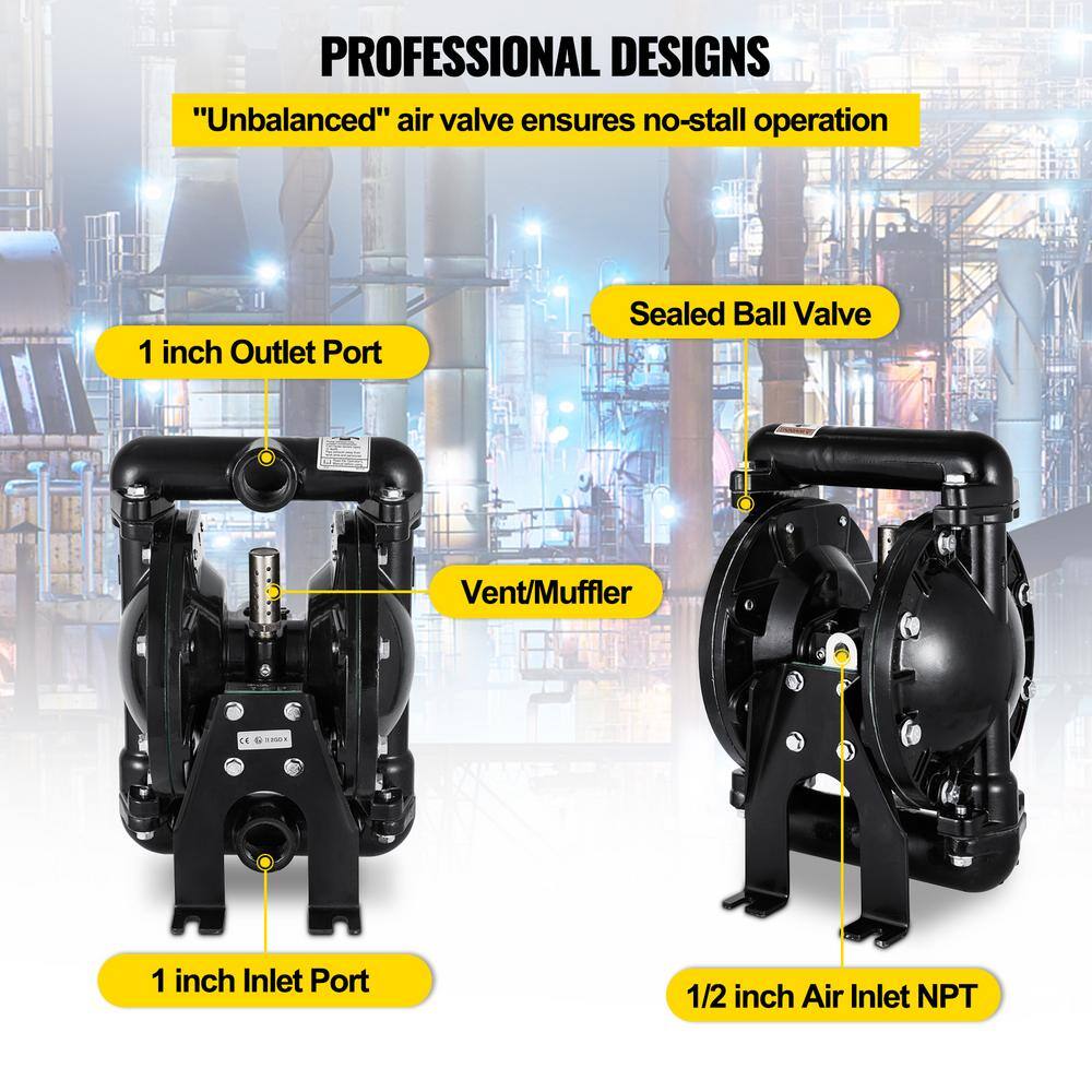 VEVOR Air-Operated Double Diaphragm Pump 1 in. Inlet Outlet Nitrile Diaphragm Aluminum 35 GPM Max 120PSI 275.6 ft. Head Lift YBGMBQBY4-25L0001V0