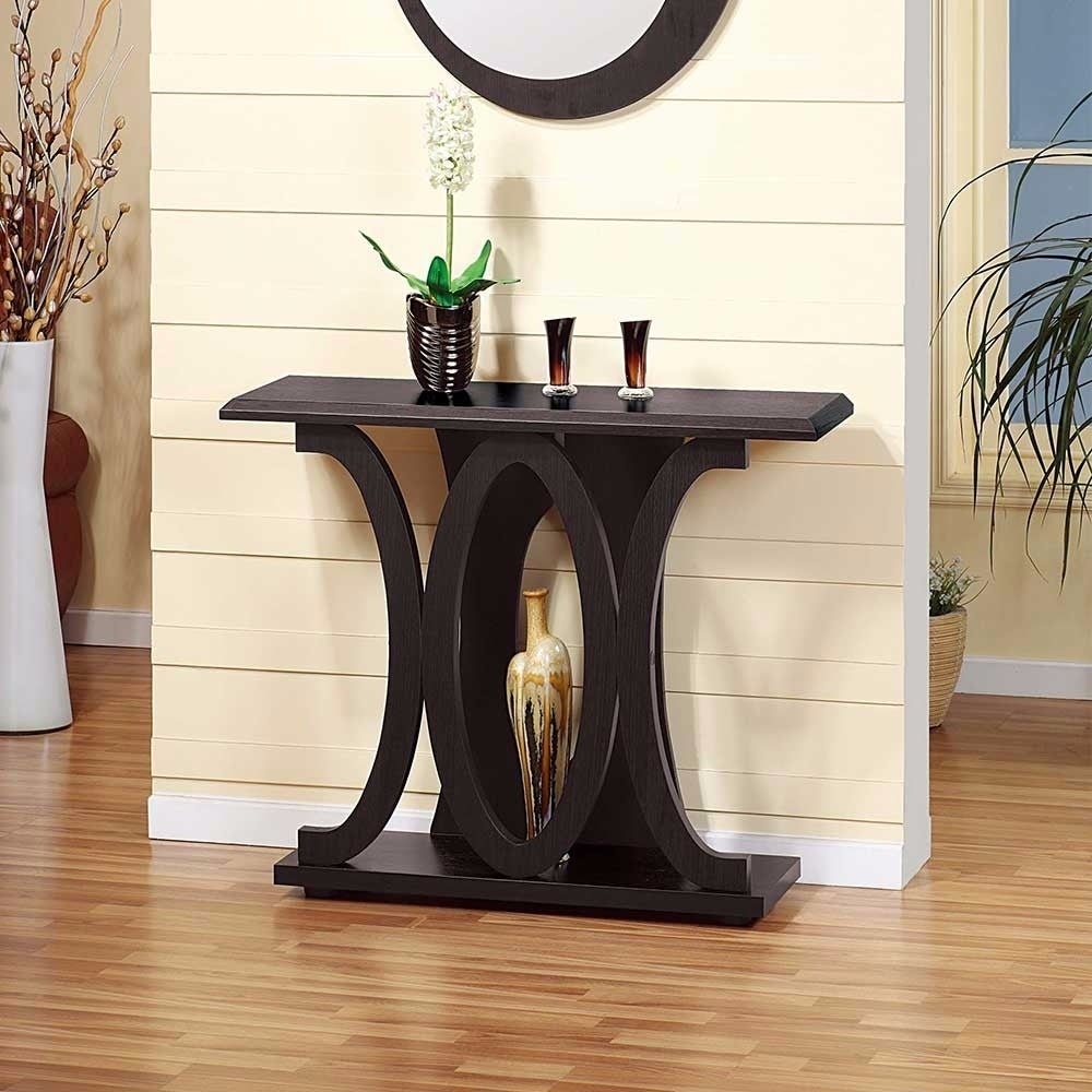 Stylish Console Table With Base Shelf， Dark Brown