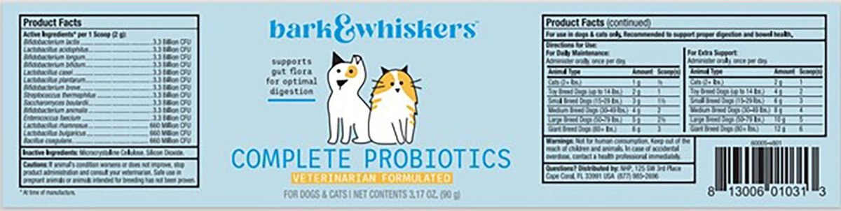 Bark and Whiskers Complete Probiotics Dog and Cat Supplement， 3.17-oz jar