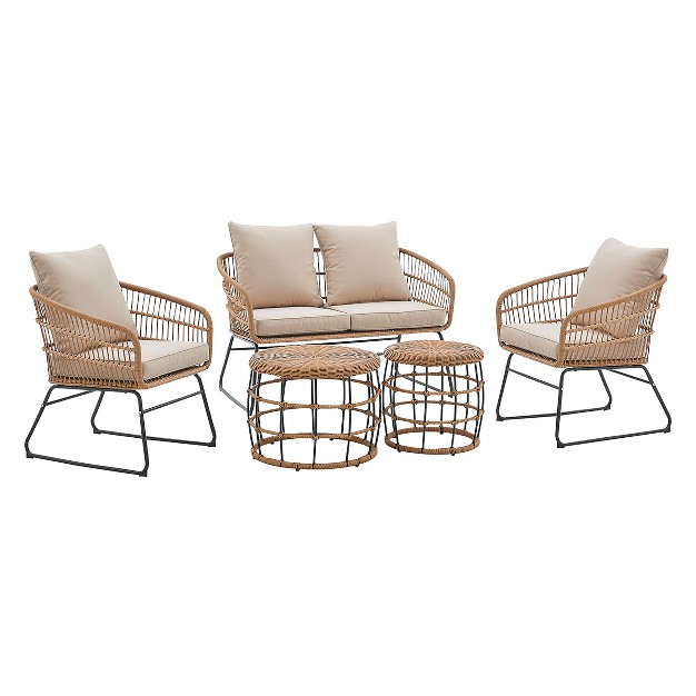 Barton 5pcs Outdoor Patio Sets Rattan Chairs With 2 side table Sofa Cushion Seating beige