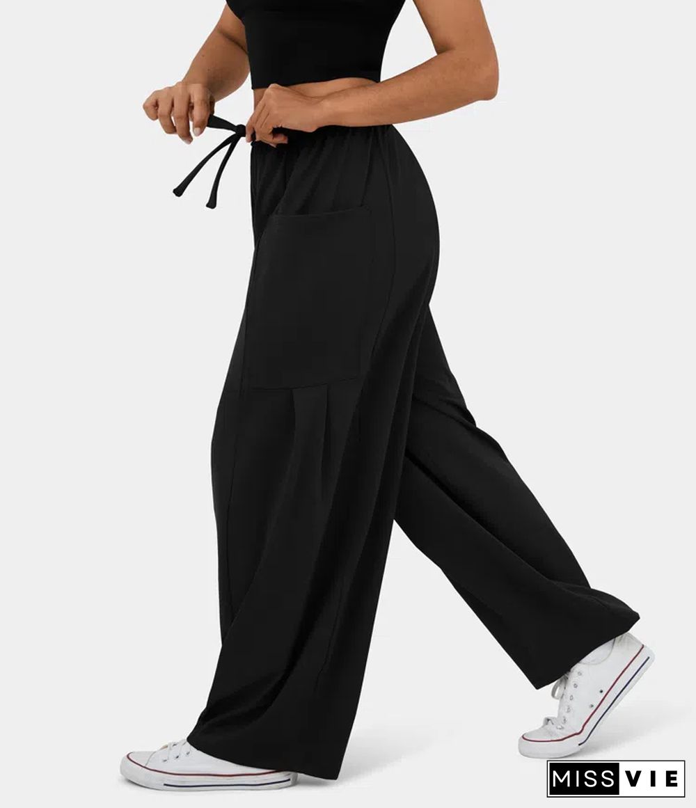 Mid Rise Elastic Waistband Drawstring Side Pocket Palazzo Flowy Wide Leg Casual Pants